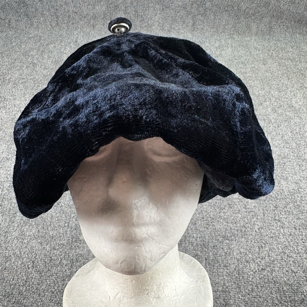 Vintage 80s Newsboy Cap Unisex Navy Velvet‎ Baker Boy Gatsby Driving Hat OSFA